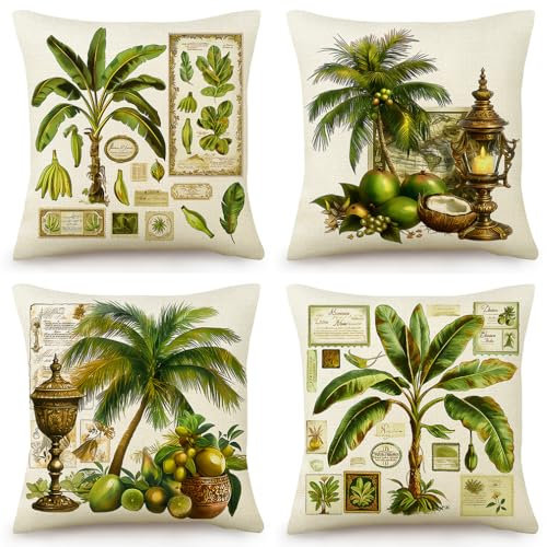 Kissenbezug 40X40 Vintage Palme 4Er Set Dekokissen Sofakissen Leinen Kissenbezüge Mit Unsichtbarer Reißverschluss,Waschbare Langlebig Outdoor Kissen,Deko Kissenhüllen Wohnzimmer