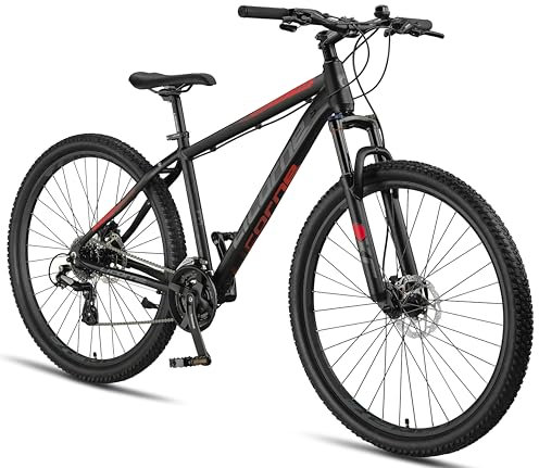 Licorne Bike Diamond Plus – Mountainbike, Shimano 24-Gang Schaltung, hydraulische Scheibenbremsen, verriegelbare Federgabel, Schnellspanner Vorder- & Hinterrad (Schwarz/Rot, 29 Zoll)