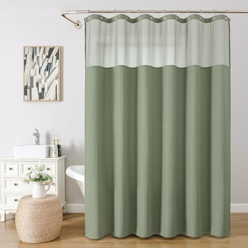 VANZAVANZU Wasserdichter Duschvorhang mit Mesh-Fenster, Waffelstruktur, inkl. Edelstahl Haken, beschwertem Saum – ideal für Bad, Wanne, Hotel & Spa – 183×183 cm (Grün)