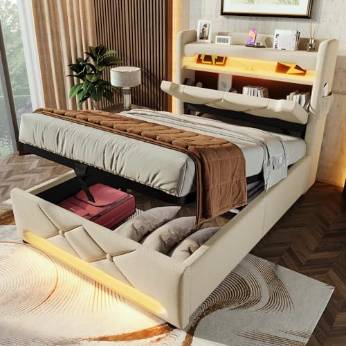 Seyakany Lit rembourré Simple 90x200cm avec Ports USB et Type-C,Lit Coffre 90x200 avec éclairage LED et hydraulique Rangement,Cadres de lit 1 Place avec sommier,Tissu de Lin,sans Matelas,Beige