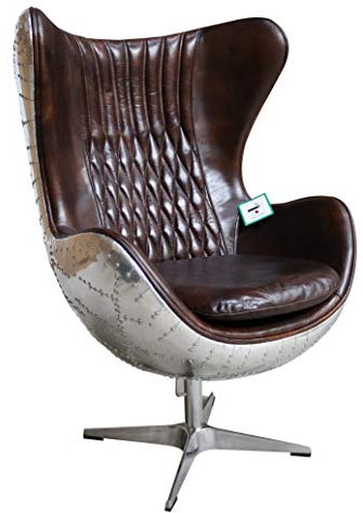 Aviator Drehstuhl, Ei-Drehstuhl – handgefertigtes Vintage-Design, Used-Look, braunes Leder mit Retro-Aluminiumrahmen