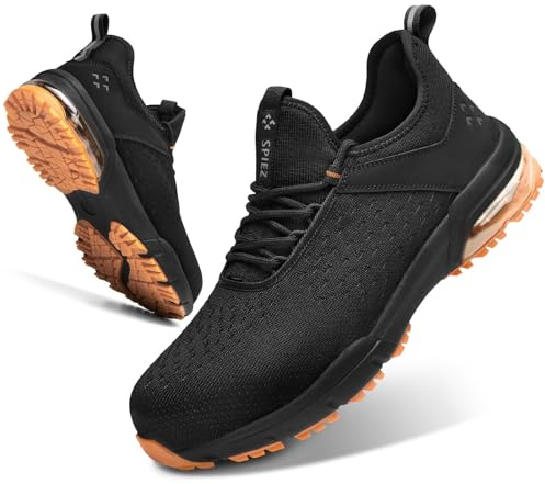 SPIEZ Safety Shoes for Men Women - Air Cushion Non-Steel Composite Toe, Lightweight Fashion Sneaker Design,Slip-On with Adjustable Laces, All-Day Protection, Black Orange US 6-13.5