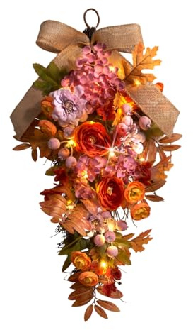 Eldo® LED-Herbstkranz Künstlich 55 cm – Led-Gesteck Herbst fertig arrangiert – Blumenkranz herbstlich für Haustür, Wände, Fenster, Tisch Herbst Dekoration mit XL-Juteschleife – batteriebetrieben
