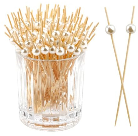 100 spiedini da cocktail per snack, finger food, spiedini di formaggio, spiedini, finger food, con perle bianche, 12 cm, spiedini in legno, per feste, cocktail, decorazioni alla griglia, antipasti