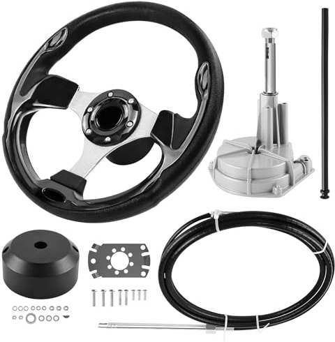 Acclcors Boats Steering System, Mechanical Rotary Steering Kit, 304.8 CM Cable Control Cable Outboard, Marine steering systems for Fishing Boats, Yachts and other Watercraft