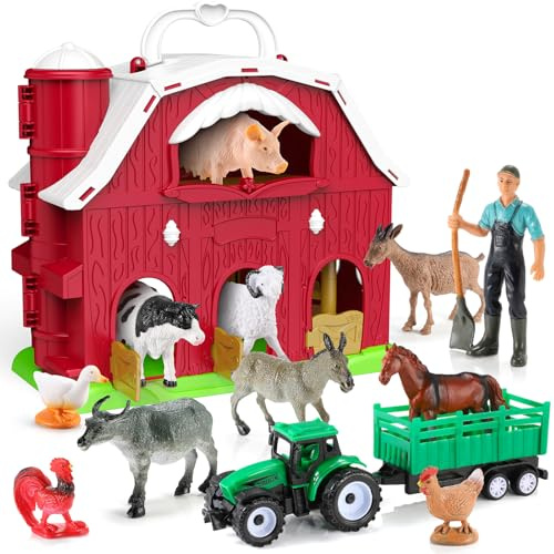 HappyKidsClub Juguete Granja Montessori Bebés 1-4 Años, Set Granja Interactiva - Granero Desplegable con 10 Animales y Granjero y camión - Juguete Educativo Seguro para Niños Bebés