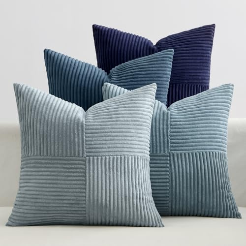 EMEMA Kissenbezug Kordsamt Patchwork Kissenhülle 50x50 Dunkelblaue Serie | 4er Set Zierkissenbezug Dekokissen Sofakissen Kord Dekorative Kissen für Sofa Sessel Zuhause Schlafzimmer