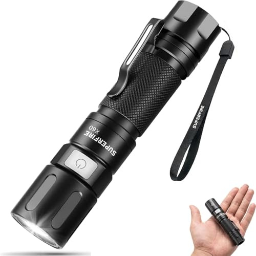 SuperFire 1000 Lumen Rechargeable LED Torch, Zoomable Tactical Light with 4 Modes & USB-C Charge, for Dog Walking, Emergency Power Outages, Camping, Night Work & Securit
