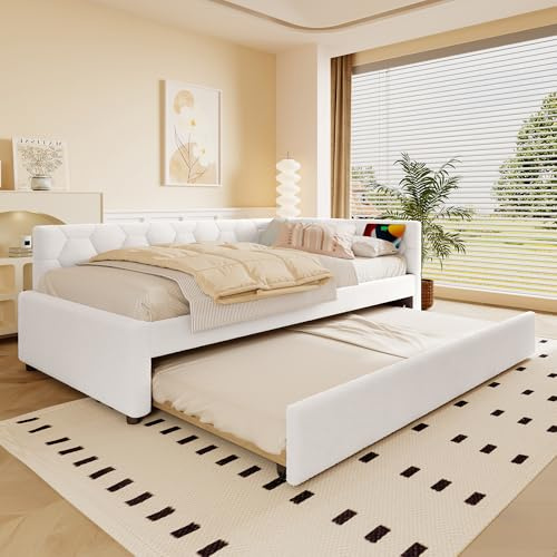 BTM 90x200 Tagesbett mit Lattenrost Ausziehbett Metall Schrankbett Daybett Schlafsofa Ausziehbar Bett (ohne Matratze) Vliesimitat Weiß