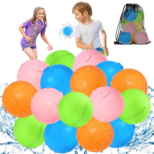KOKODI 16PCS Reusable Water Balloons for Kids Ages 3-14, Self Sealing Water Bombs for Pool & Beach, Quickly Fill Refillable Silicone Water Balls Fight Toys for Summer Outdoor Games