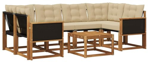 vidaXL Outdoor-Sofagarnitur mit Kissen 7 pcs Natur und Beige, Moderne Garten-Sofa-Garnitur, Robustes Akazienholz, Bequeme Terrasse, stilvolle Couch zum Entspannen