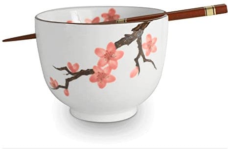 AAF Nommel®, große Reisschale mit Essstäbchen aus Holz „Sakura“ hell mit Kirschblüte, Nr. 077