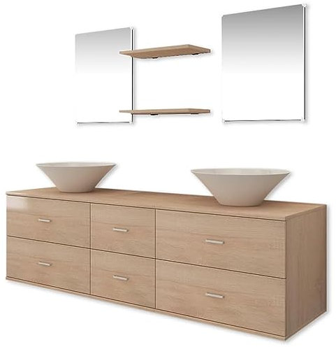 vidaXL Mobili da Bagno Armadietti Elegante 7pz Beige Specchio Lavabo Lavandino