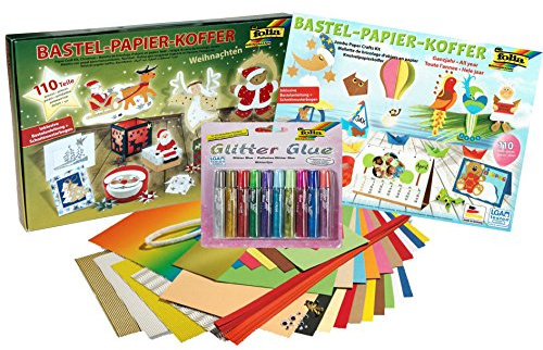 folia Bastel-Papier-Koffer Weihnachten, 110-teiliges Bastelset + Ganzjahres Set, insgesamt 220 Teile + 10x Glitter Kleber Glitter Glue
