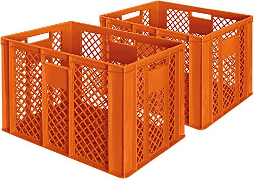 BRB 2x Eurobehälter/Bäckerkiste, LxBxH 600x400x410 mm, lebensmittelecht, Boden und Wände durchbrochen, orange