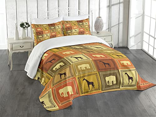 ABAKUHAUS Safari Tagesdecke Set, Afrikanische Tiere Muster, Set mit Kissenbezug Klare Farben, für Einzelbetten 170 x 220 cm, Schwarz Braun