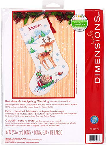 Dimensions 70-08978 Rentier und Igel, Kreuzstich, personalisiertes Weihnachtsstrumpf-Set, weiß, Aida-Zählmuster, 40,6 cm, Wolle, 16''