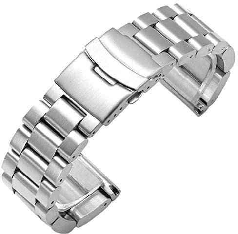 Kai Tian Superdickes und Robustes Uhrenarmband für Damen Herren 22mm Armbanduhr silbernes Edelstahl-Uhrenarmband im klassischen Stil mit doppelter Faltschließe Metall Armband