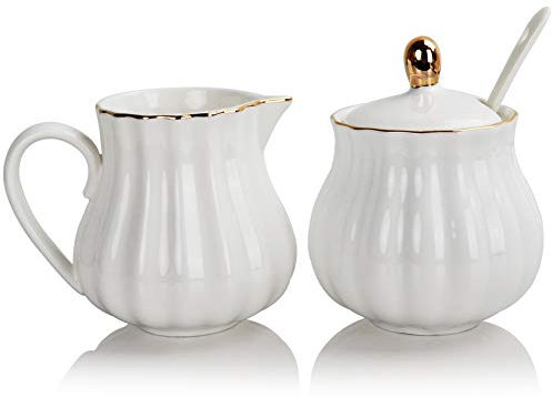 Sweejar Royal - Set da 3 pezzi in ceramica per zucchero e lattiera, con brocca per panna, zuccheriera, set per zucchero con coperchio e cucchiaio, regalo per matrimonio (bianco)