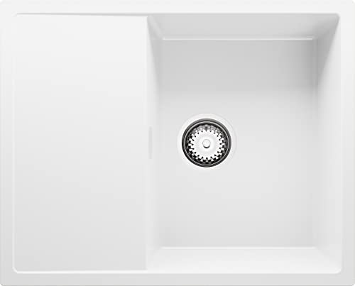 PRIMAGRAN Fregadero Cocina Blanco 62x50cm, Granito 1 Seno + Sifón, Sobre encimera al mueble 45cm - Ibiza