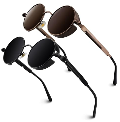 GQUEEN Retro Runde Steampunk Polarisierte Sonnenbrille Herren Damen UV400 | Leicht, Metallgestell, Verstellbare Nasenauflagen, Angeln, Autofahren, Reisen, Laufen, Golfen