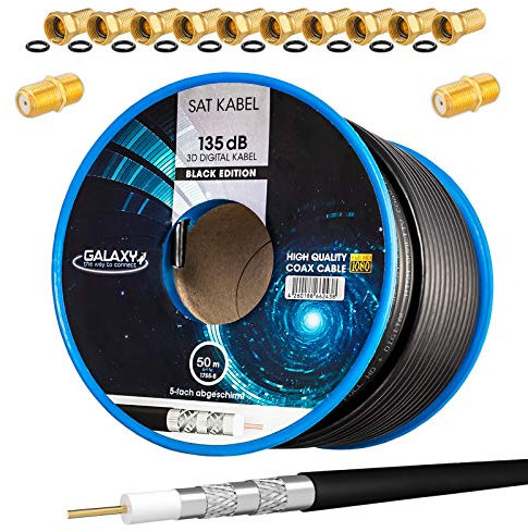 HB-DIGITAL Câble satellite coaxial 50 m 135 dB noir + 10 fiches F & 2 connecteurs F plaqués or | Câble d'antenne satellite CCS en acier cuivre blindé 5 voies pour installations DVB-S/S2 -C/C2 -T/T2