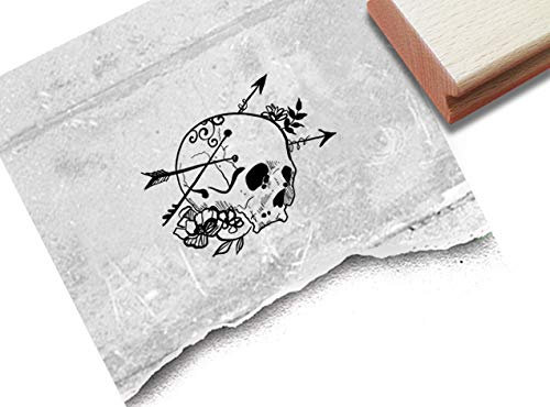 Stempel Skull Totenkopf Schädel mit Blumen und Pfeilen - Motivstempel Halloween Karten Basteln Scrapbook Bullet Journal Kunst Deko - zAcheR-fineT (klein ca. 49 x 46 mm)