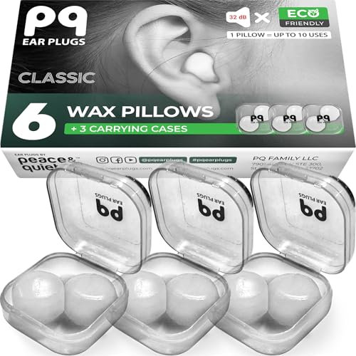 PQ Wax Earplugs for Sleep - 6 Silicone Plugs for Sleeping and Swimming - Gel Noise Cancelling & Protection - Sound Blocking Level of 32 Db (6-Pillows)