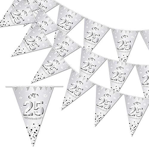 DPKOW 25. Silberhochzeit Girlande Banner, 25 Jubiläum Wimpelkette Silberhochzeit Deko 25. Hochzeitstag Wimpel Dreieck, 4.7m Drinnen Draußen Aufhängen Deko für Silberne Hochzeit Feier Zubehör