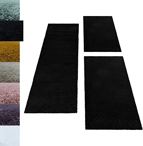Carpettex Bettumrandung Schlafzimmer 3teilig Shaggy Teppich Hochflor Einfarbig Schwarz Bettset:2 mal 100x200 + 1 mal 80x250 - Bettvorleger Schlafzimmer Läufer Set Weich Flauschig Bettumrandung Teppich