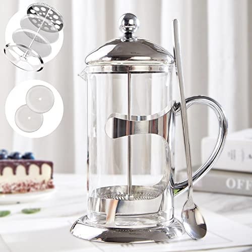 DUJUST Silver French Press Coffee Maker, Luxury Design Cafetiere 8 Cups, with 4-Level Filter System, High-Grade Glass for Hot & Cold Resistance, Include Long Size 304 Stainless Steel Spoon - 1L