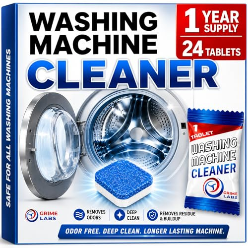 GRIME LABS Washing Machine Cleaner Tablets - Washer Cleaner Tub Deep Cleaning Tabs For Front Loader And Top Load Household HE Wash Cleaners - Laundry Supplies Descaler Deodoriser Odor Remover