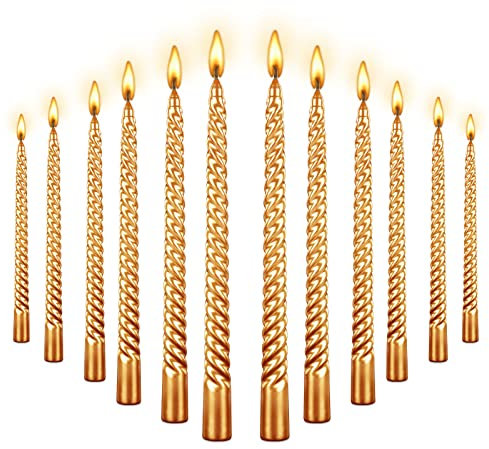 Metallic Spiral Taper Candle - 10Inch, Dripless, Golden, Unscented Dinner & Birthday Candle (12 Pack)