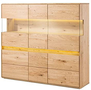 MASSIVMOEBEL24.DE | Cardiff Highboard aus Massivholz inkl. LED-Beleuchtung #122 | Wildeichenholz - Natur, geölt | mit Glasfenstern | 163 x 43,5 x 152 cm | Wohnzimmerschrank