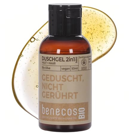 BenecosBIO Mini Duschgel 2in1 Geduscht, nicht gerührt - Bio-Olive - zertifizierte Naturkosmetik - vegan - sanfte Reinigung für Haut & Haare - 50ml