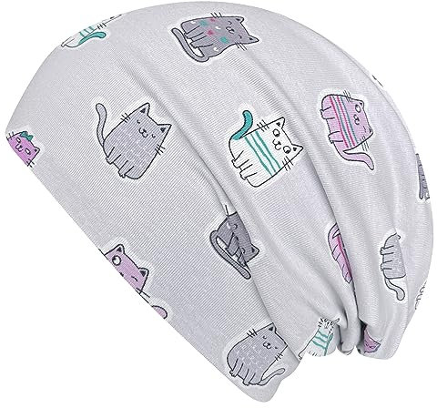 Wollhuhn ÖKO Jungen/Mädchen Bequeme Weiche Long Beanie/Mütze/Beanie-Mütze/Strickmütze/Kindermütze Jersey Gefüttert Übergangszeiten (Öko-Stoffe/Bio)… (Katzen Grau/Flieder, S)