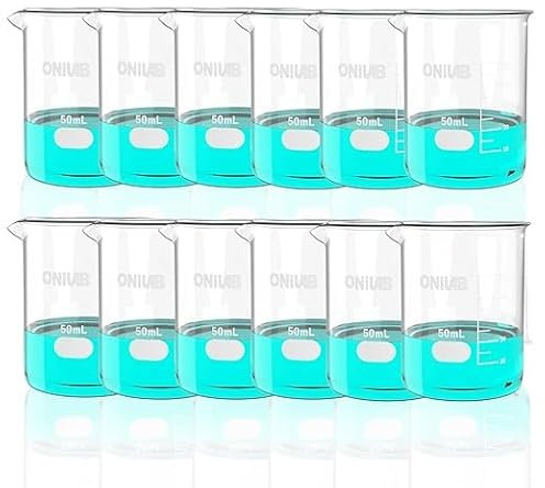 ONiLAB Scientific Glass Beakers Shot Glass, Vol. 50ml, 3.3 Borosilicate Griffin Low Form with Printed Graduation, Pack of 12 13900252…