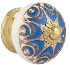 Rasiya Art Ceramic Navy Blue Gold Drawer Knobs - Indian Vintage Countryside Hand Painted Ceramic Knobs for Chest of Drawers Cupboad Cabinet Furniture Doors Boho Decorative Pull Handles - Pack of 4