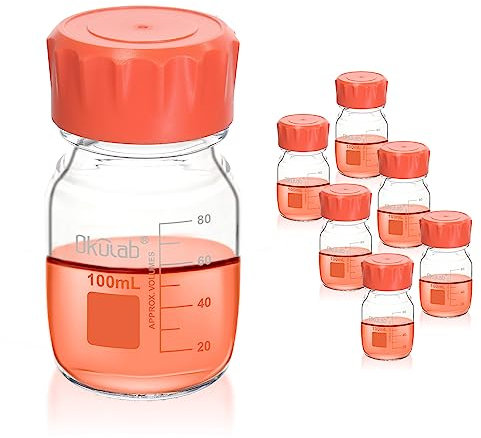 Okulab 6pcs of 100ml(3.4oz) Round Media Storage Bottles, 3.3 Borosilicate Glass, with GL45 Screw Caps in PP Materia, GL45RB100A6