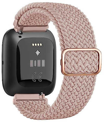 Tobfit Geflochtenes Elastic Sport Armband für Fitbit Versa 2/Versa/Versa Lite/SE - Dehnbares Ersatzarmband für Herren und Damen (Rosa)