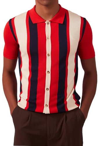 Kallspin Men's Vintage Knit Polo Shirt Short Sleeve Striped Button Down Knitting Golf Shirts(Red Medium)