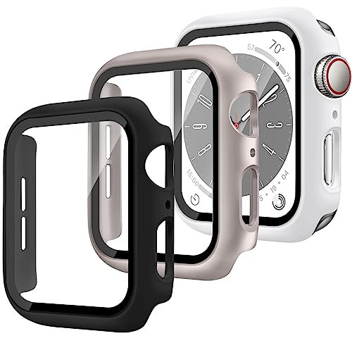SOLOLUP 3 Pezzi Cover per Apple Watch Series 9 Series 8 Series 7 41mm Vetro Temperato Pellicola Protettiva,Cover Completa PC Rigido Case Protettiva per Apple Watch 41mm Custodia,Nero/Starlight/Bianco