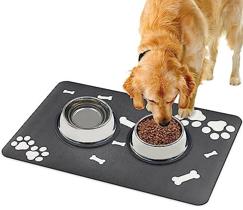 Lurowo Tapis de Nourriture pour Chien Tapis Gamelle Chien à Séchage Rapide Super Absorbant Lavable Tapis Antidérapant de Gamelle pour Chien Chat 40x60cm (Motif de Patte d'Os-Gris Foncé)