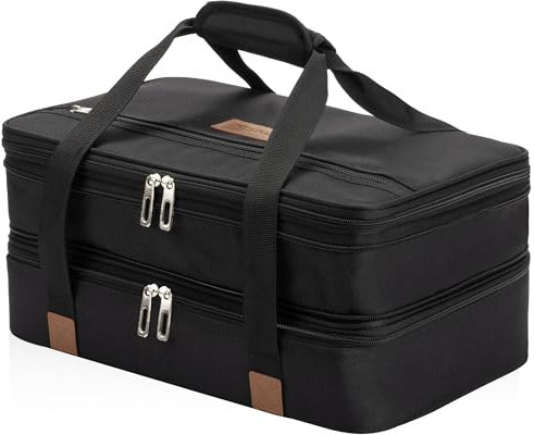 Stack Store Plus More Insulated Casserole Carrier for Hot or Cold Food, Lasagna Holder for Picnic, Potluck, Cookout - Fits 9” x 13” and 11” x 15” Baking Dish – Expandable Double Thermal Bag in Black