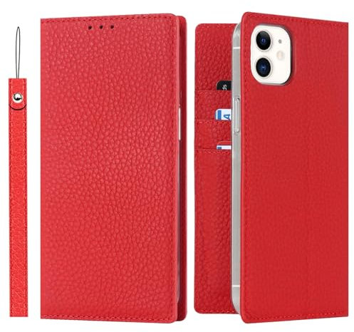 ELTEKER Hülle iPhone 12 Mini Handyhülle [Echtes Leder] Klapphülle mit Kartenfach,Schutzhülle Leder Hülle für iPhone 12 Mini-Rot