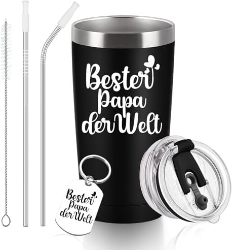 Diztoud Geschenk für Papa - Bester Papa der Welt, Weihnachten, Vatertag - 20oz 600ml Doppelwandig Edelstahl Thermobecher Mit Deckel, Strohhalm und Schlüsselanhänger