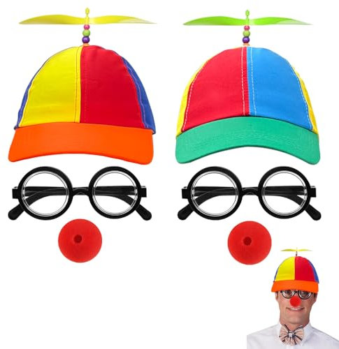 SIEBOLD 2 Stück Set Propeller mütze,Helikopter Cap,Propeller Hut,Lustige mützen,mit NerdBrille and Clownnase,für Sport,Outdoor,Reisen für Karneval Party hüte Kostüm für Erwachsene und Kinder