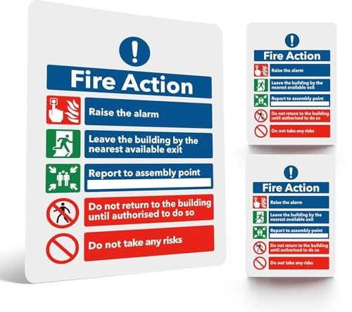 Lot de 3 panneaux d'avertissement d'action incendie, 200 x 150 mm avec instructions d'alarme claires, autocollant en vinyle mat, procédure d'évacuation d'incendie