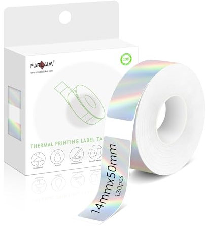 PARLAIM Drucketiketten-Aufkleber, 14 x 50 mm, selbstklebendes Thermo-Etikettenband in Spenderbox, kompatibel mit D30-Etikettenhersteller für Zuhause, Büro, Schule, holografisches Silber, 130 Stück