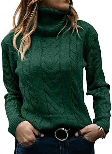 GeGekoko Women's Long-Sleeved Cable Knit Roll Neck Jumper, dark green, M